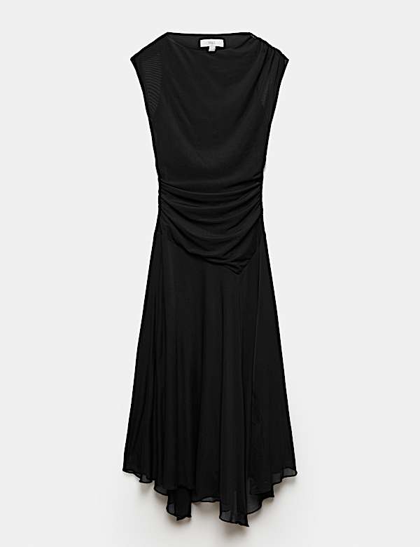 Tailliertes Midi-Kleid mit U-Boot-Ausschnitt und Mesh - AT