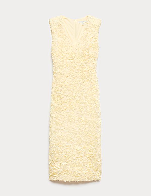 Floral Appliqu&eacute; V-Neck Midi Bodycon Dress - DE