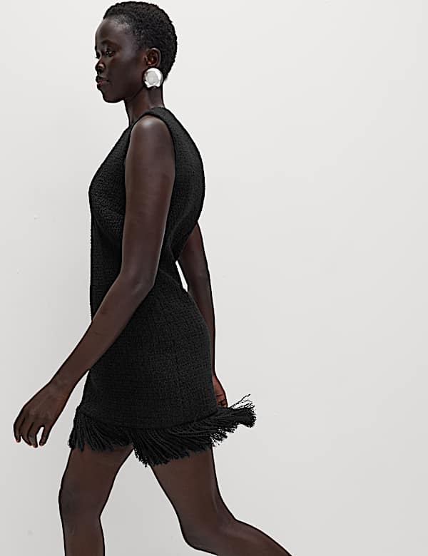 Textured Knitted Fringed Mini Dress - JP