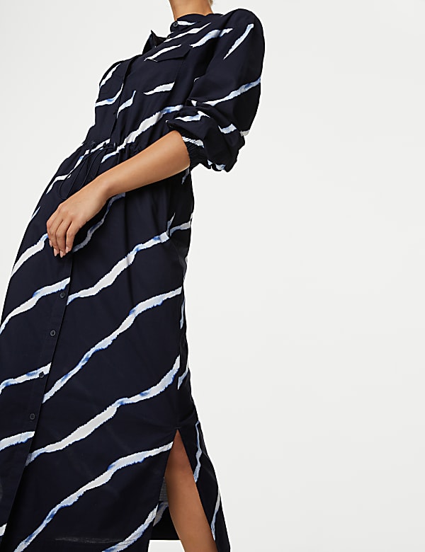 Pure Cotton Printed Tie Detail Midi Shirt Dress