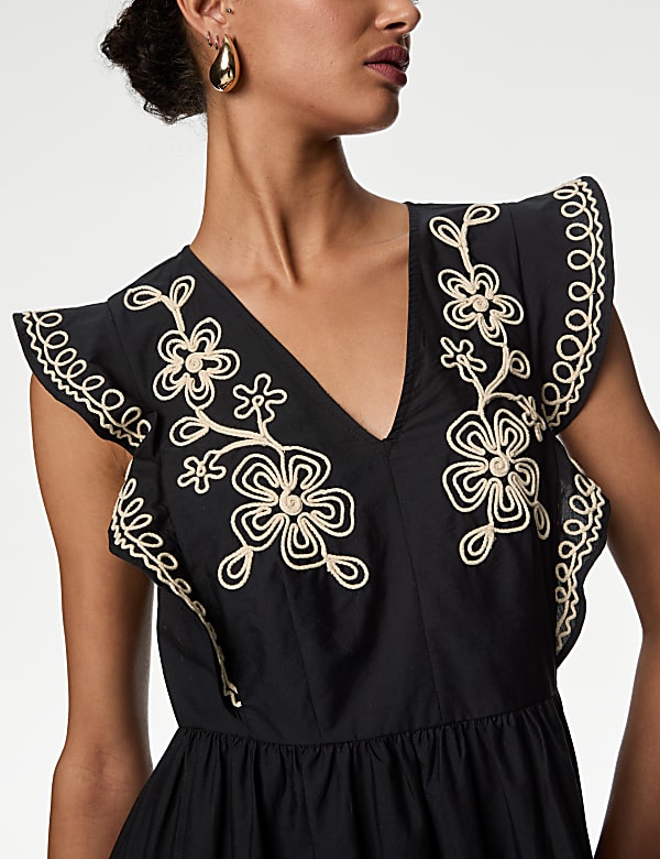 Pure Cotton Embroidered V-Neck Midi Dress