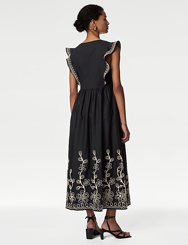 Pure Cotton Embroidered V-Neck Midi Dress