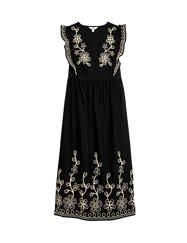 Pure Cotton Embroidered V-Neck Midi Dress