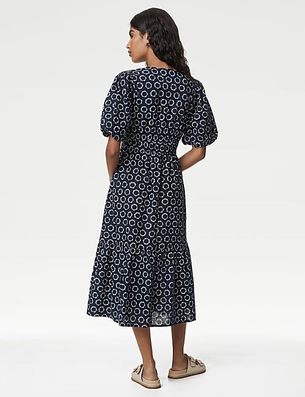 Pure Cotton Printed V-Neck Tiered Midi Dress
