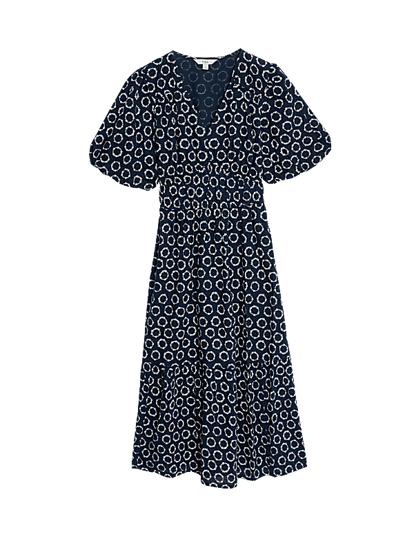 Pure Cotton Printed V-Neck Tiered Midi Dress