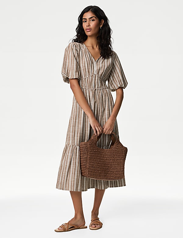 Pure Cotton Printed V-Neck Tiered Midi Dress - AT