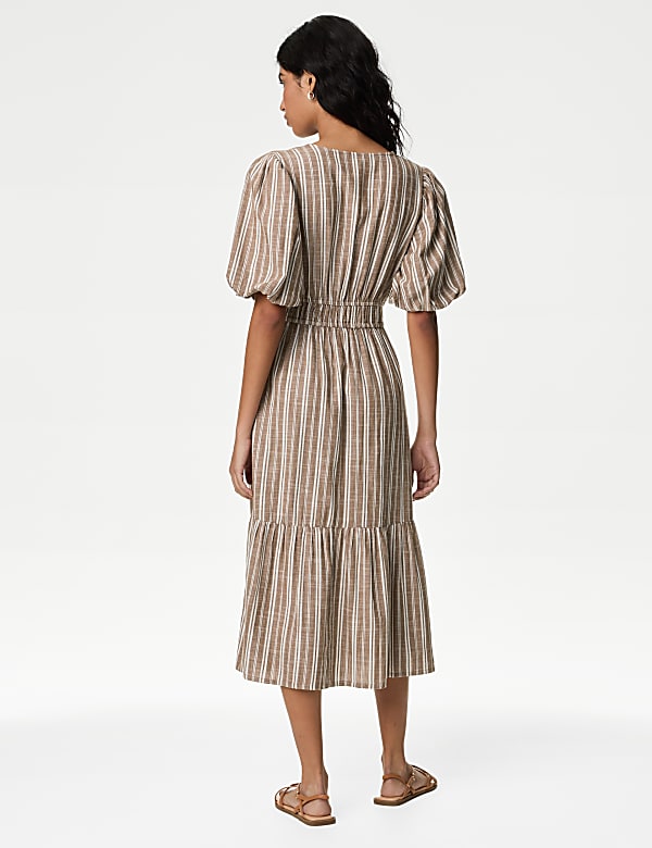 Pure Cotton Printed V-Neck Tiered Midi Dress - AT