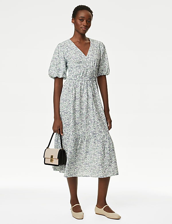 Pure Cotton Printed V-Neck Tiered Midi Dress