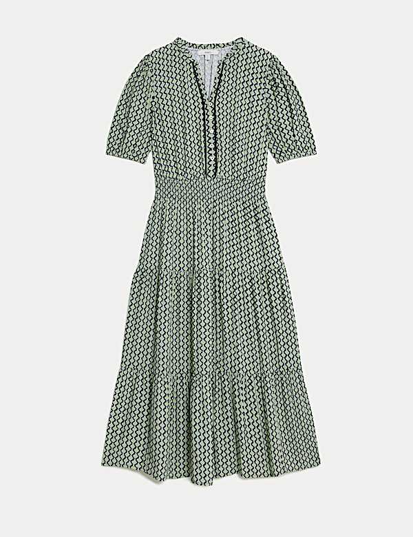 Printed V-Neck Shirred Midi Waisted Dress - US