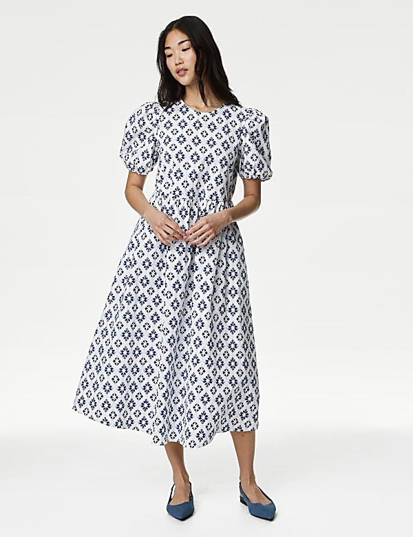 Cotton Rich Printed Puff Sleeve Waisted Dress BLUE MIX Dresses M S HU