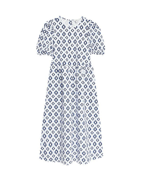 Cotton Rich Printed Puff Sleeve Waisted Dress