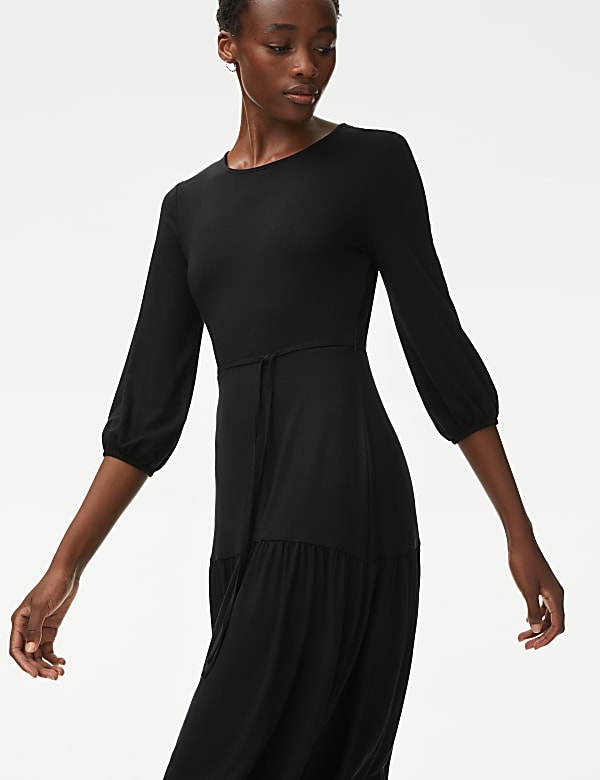 Jersey Round Neck Midi Tiered Tea Dress BLACK Dresses M S CA