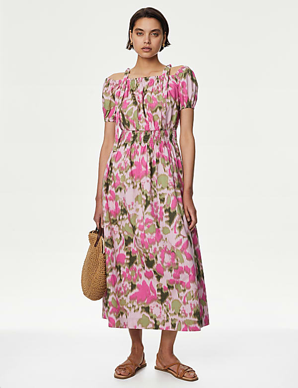 Buy Pure Cotton Floral Midi Waisted Dress at Marks Spencer