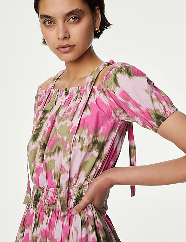 Pure Cotton Floral Midi Waisted Dress