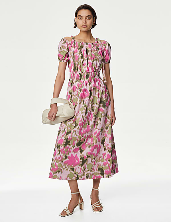 Pure Cotton Floral Midi Waisted Dress
