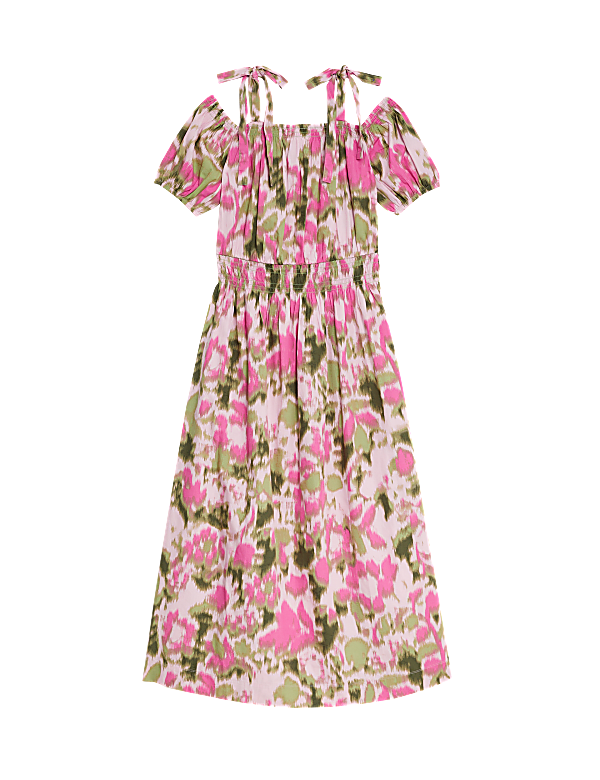 Pure Cotton Floral Midi Waisted Dress