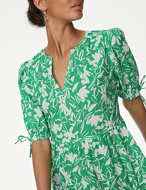 Pure Cotton Floral Pintuck Knee Length Tiered Dress