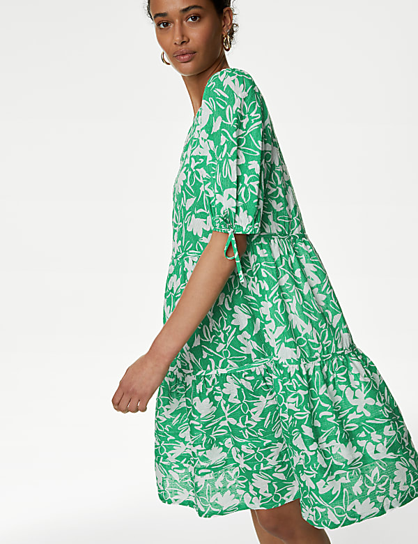 Pure Cotton Floral Pintuck Knee Length Tiered Dress