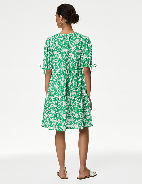 Pure Cotton Floral Pintuck Knee Length Tiered Dress
