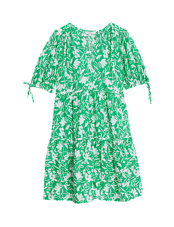 Pure Cotton Floral Pintuck Knee Length Tiered Dress