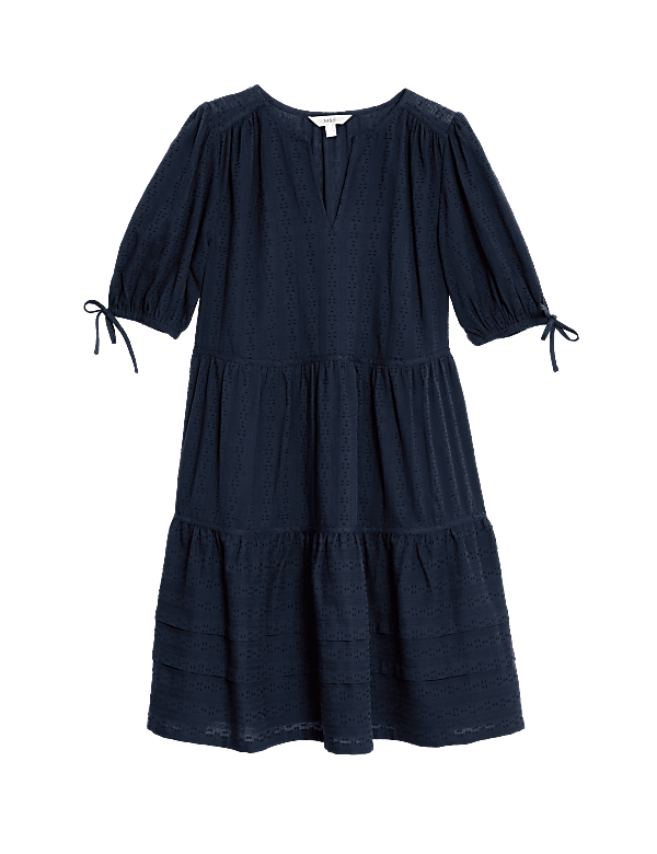 Pure Cotton V-Neck Knee Length Tiered Dress