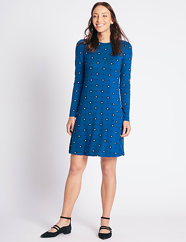 Printed Long Sleeve Skater Dress BLUE MIX Dresses M S CA