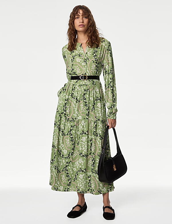 Printed Round Neck Midi Tiered Dress