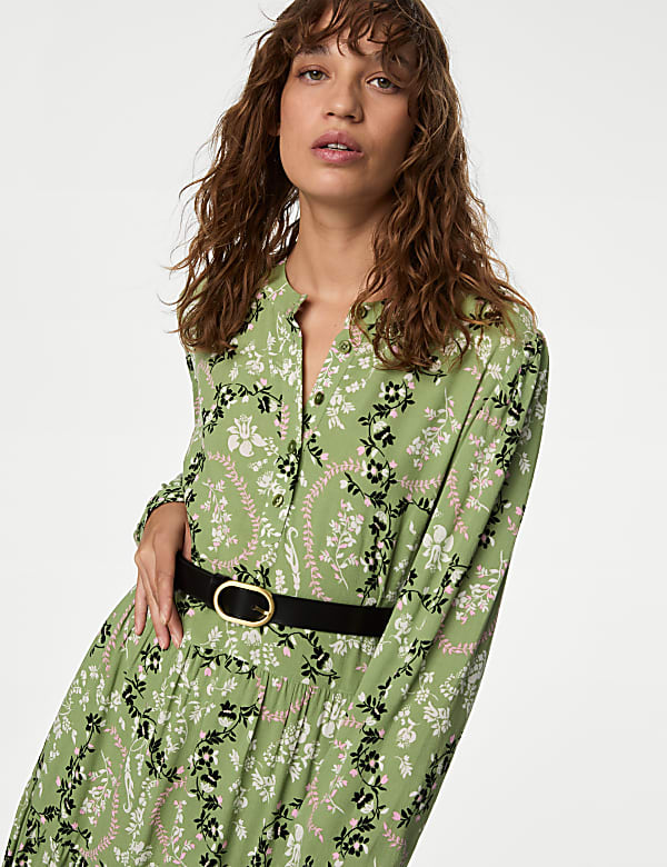 Printed Round Neck Midi Tiered Dress