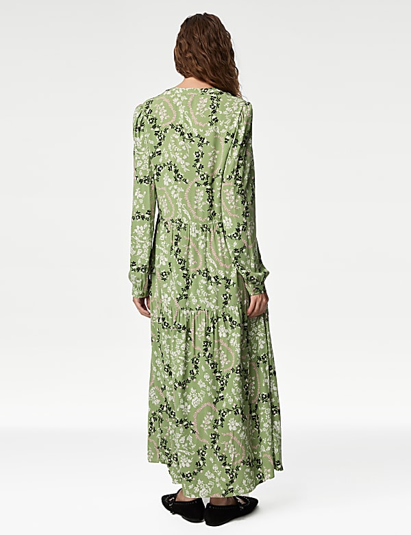 Printed Round Neck Midi Tiered Dress