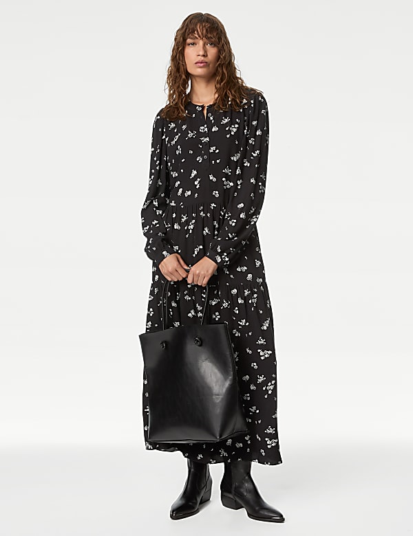Printed Round Neck Midi Tiered Dress