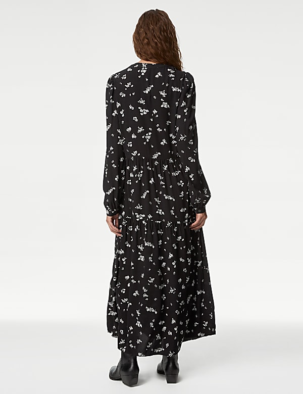 Printed Round Neck Midi Tiered Dress