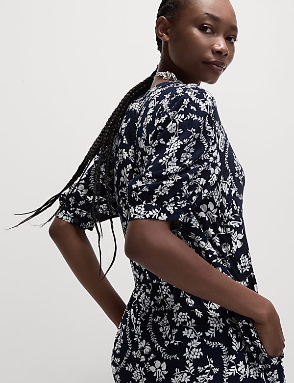 Floral Button Front Midi Tiered Dress