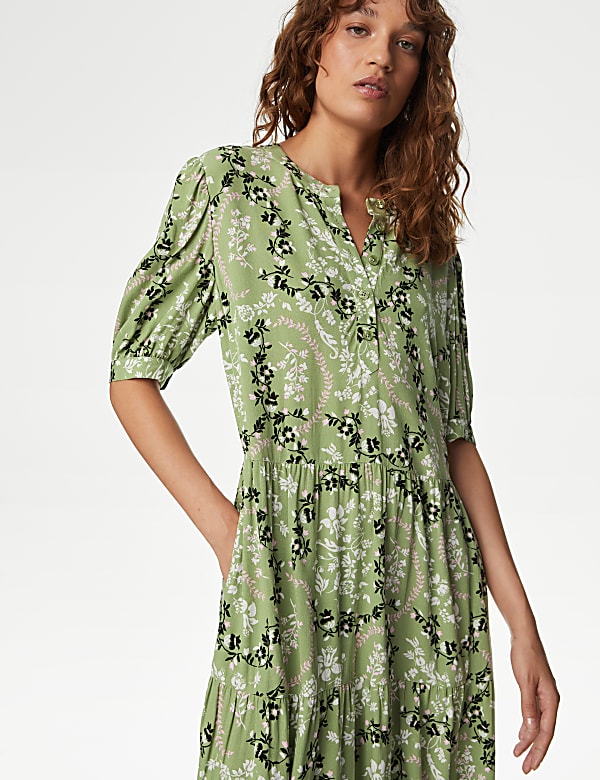 Floral Button Front Midi Tiered Dress