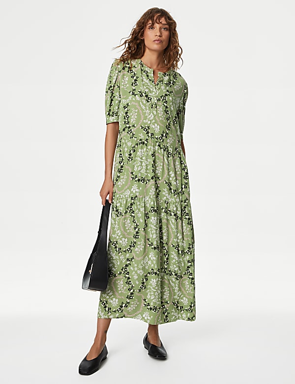 Floral Button Front Midi Tiered Dress