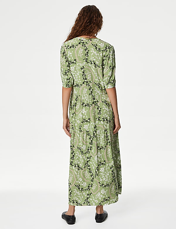 Floral Button Front Midi Tiered Dress