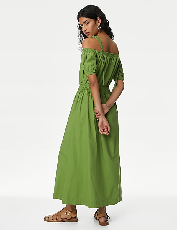 Pure Cotton Puff Sleeve Midi Waisted Dress