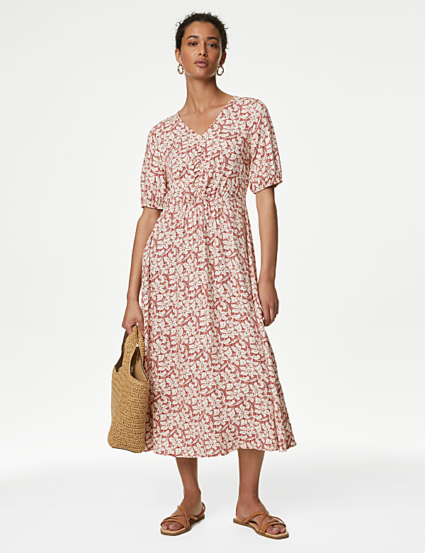 Printed V-Neck Midi Waisted Dress