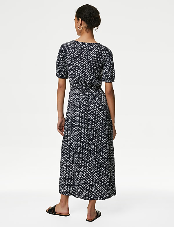 Printed V-Neck Midi Waisted Dress