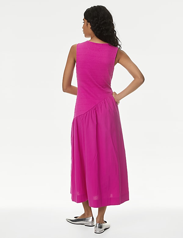 Cotton Blend Textured Midi Drop Waist Dress