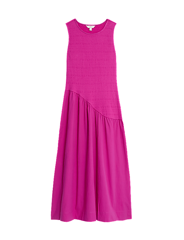 Cotton Blend Textured Midi Drop Waist Dress