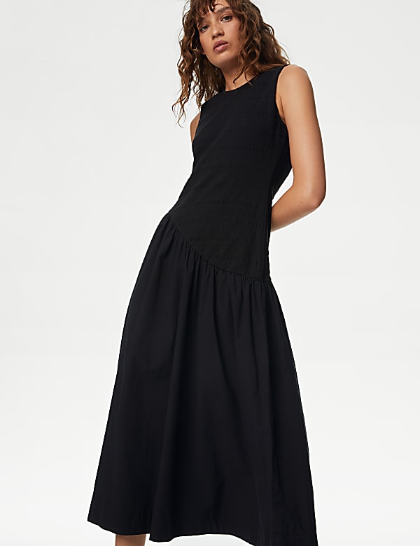 Cotton Blend Textured Midi Drop Waist Dress - CN