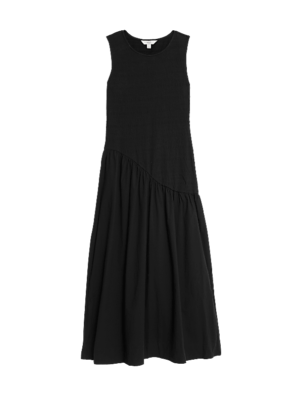 Cotton Blend Textured Midi Drop Waist Dress