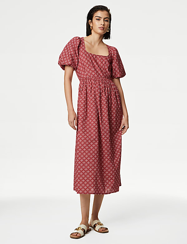 Pure Cotton Printed Square Neck Midi Waisted Dress