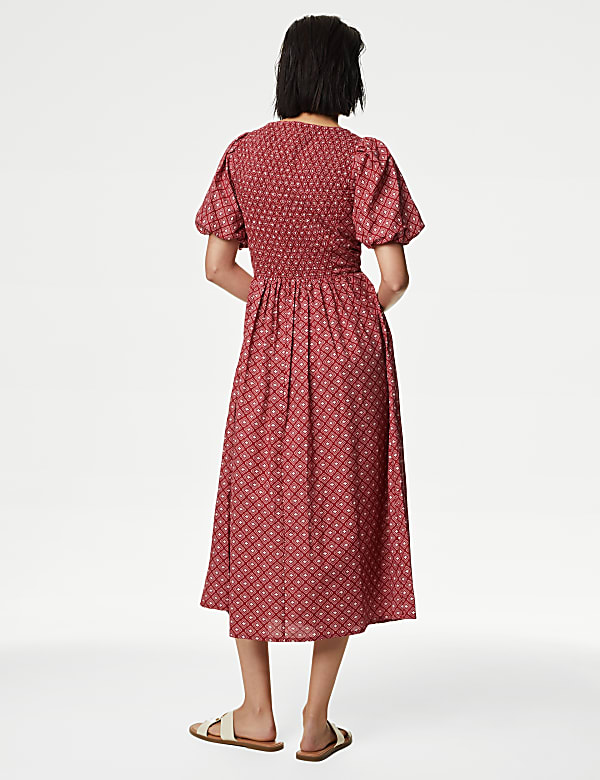 Pure Cotton Printed Square Neck Midi Waisted Dress