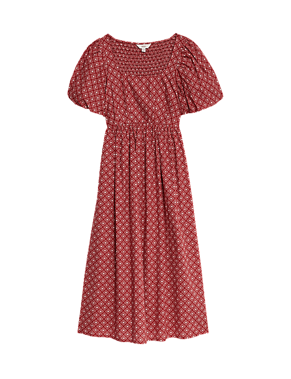 Pure Cotton Printed Square Neck Midi Waisted Dress