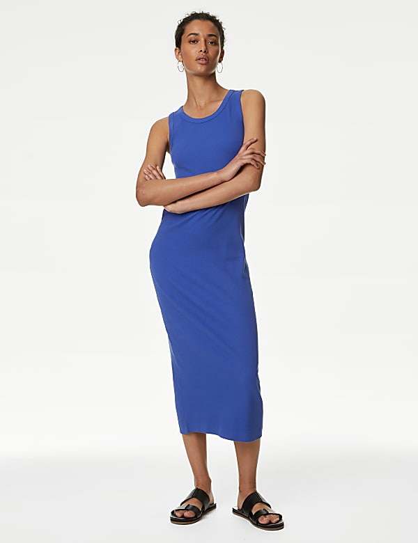 Gaun Bodycon Midi Berusuk Bahan Katun - ID