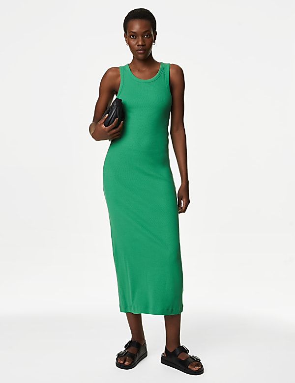 Cotton Rich Ribbed Midi Bodycon Dress MEDIUM GREEN Dresses M S GR