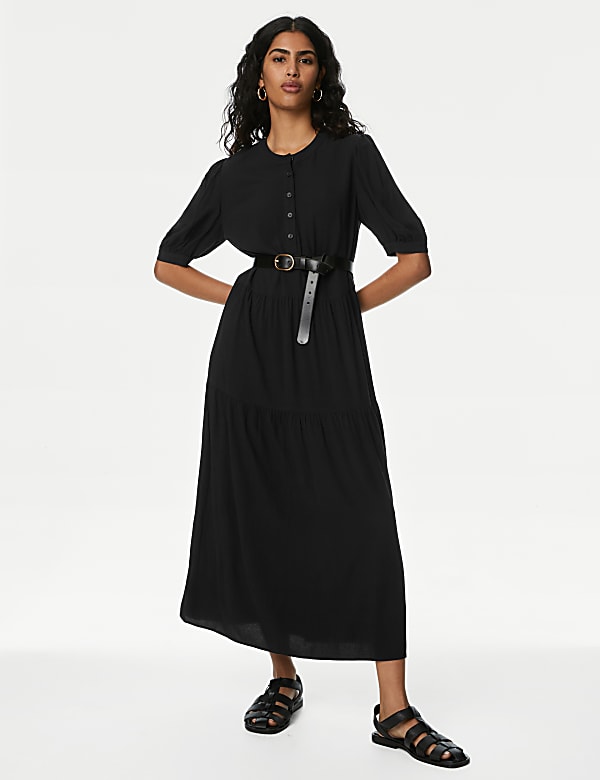 Round Neck Button Front Midi Tiered Dress BLACK Dresses M S PL