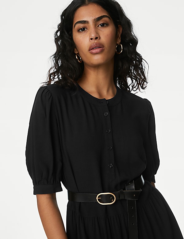 Round Neck Button Front Midi Tiered Dress