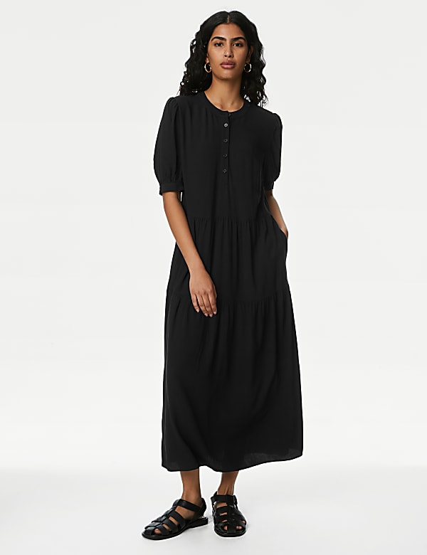 Round Neck Button Front Midi Tiered Dress